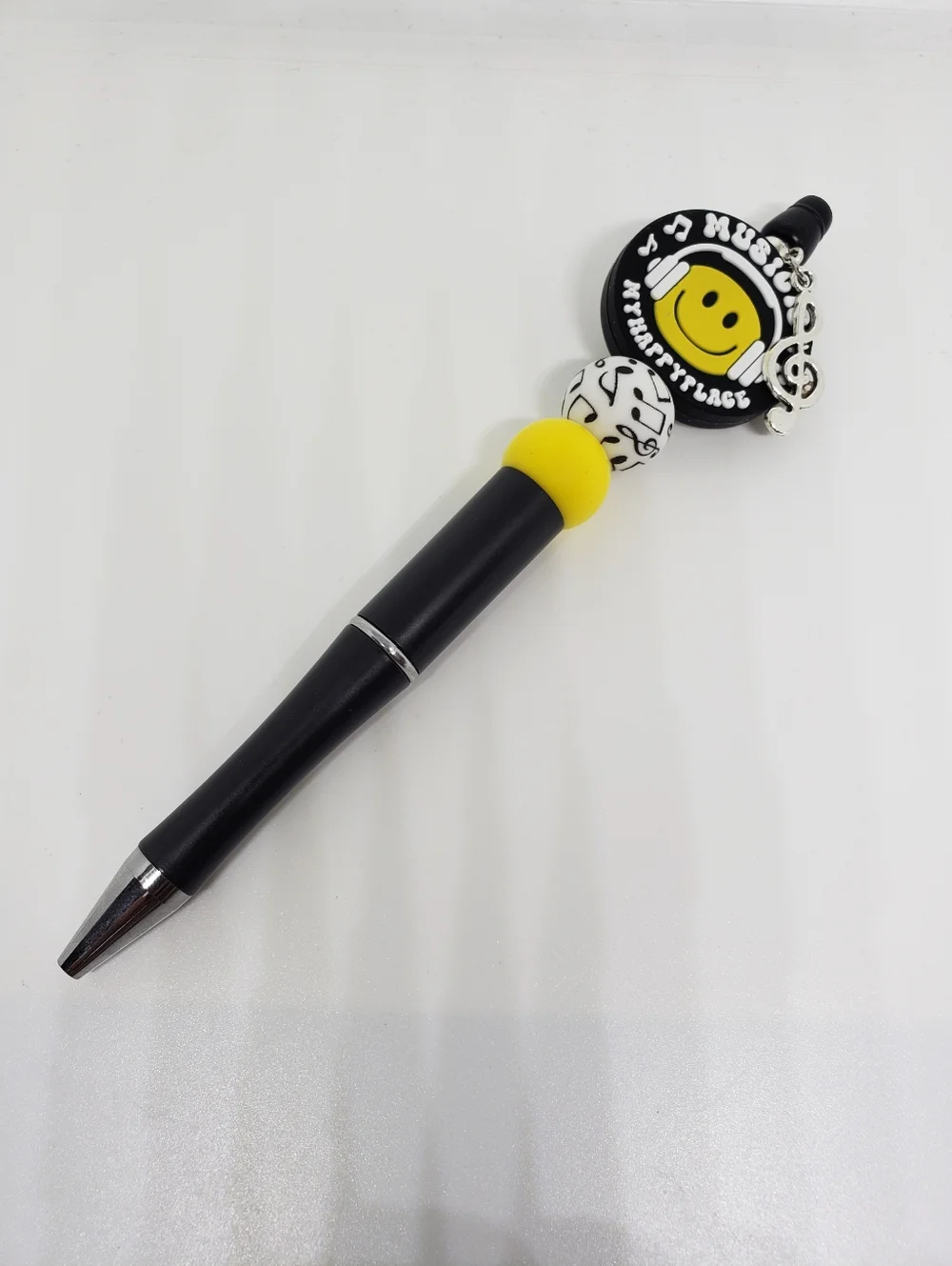 Handmade Silicone Focal Beaded Smiley Face Music is My Happy Place Pen